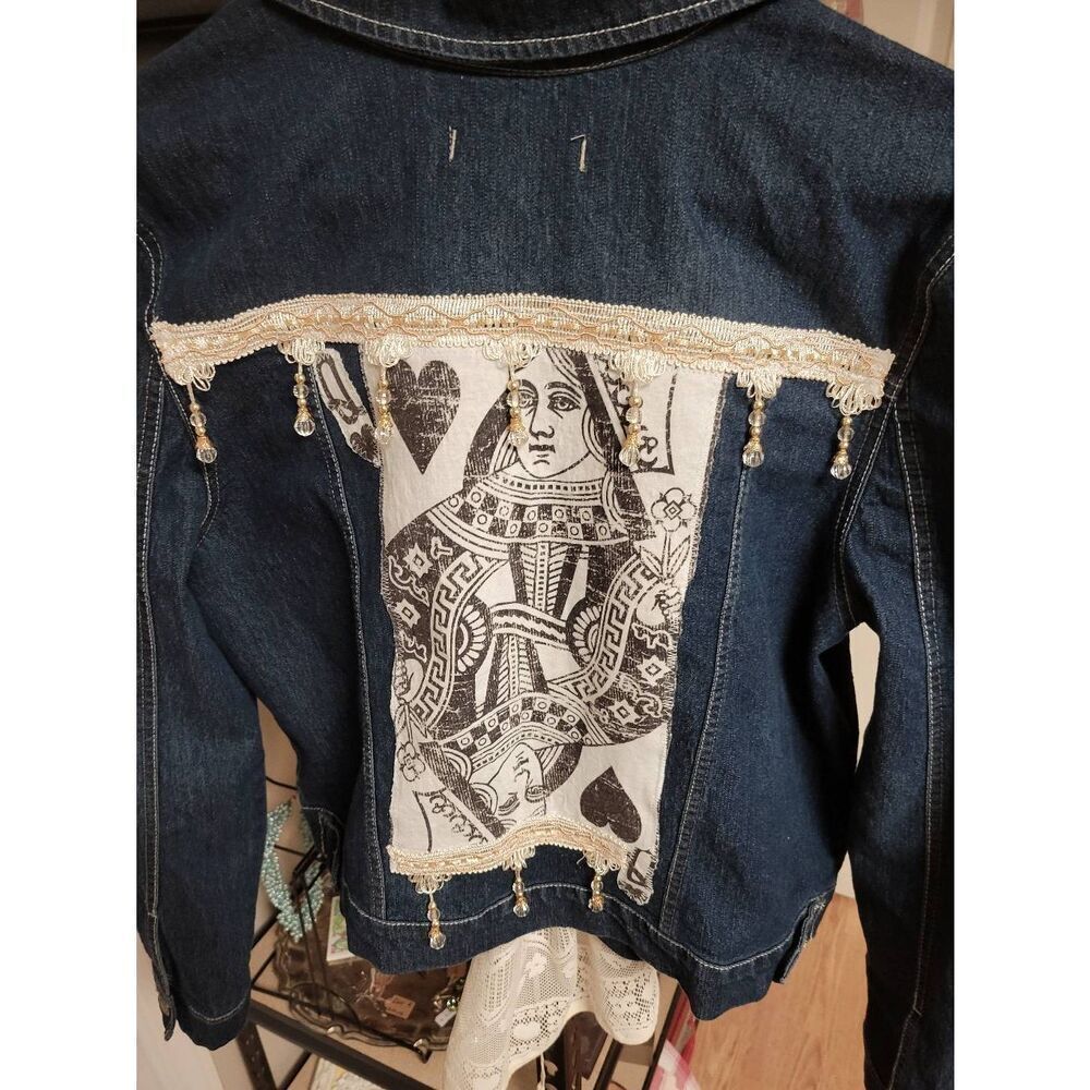 Upcycled reworked jean jacket queen of hearts women's xlg size 16
